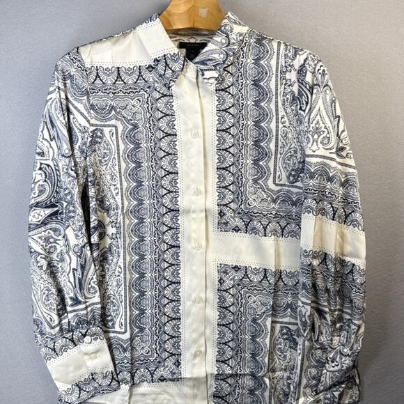 Halogen Delica Print Button Up Shirt Womens Size 1 Preppy Ivy Artsy Fun Poly Top - Picture 1 of 10